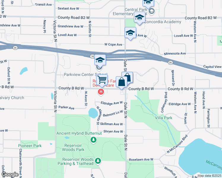 map of restaurants, bars, coffee shops, grocery stores, and more near 670 County B Road West in Saint Paul