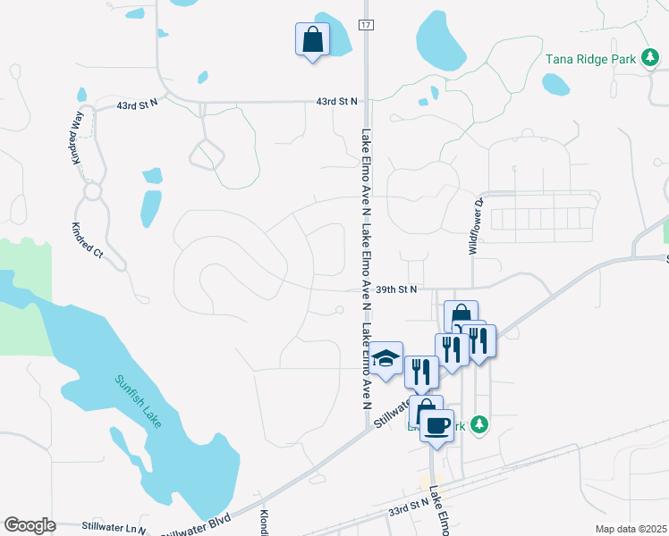 map of restaurants, bars, coffee shops, grocery stores, and more near 3930 Kokanee Lane North in Lake Elmo