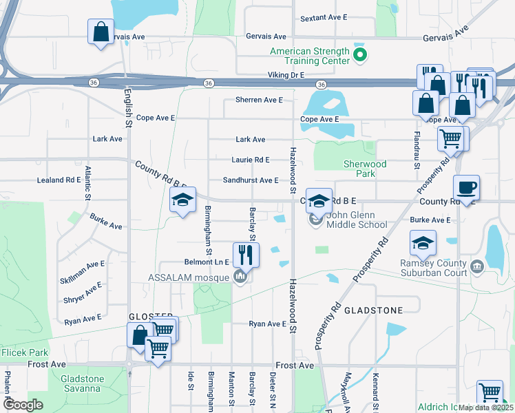 map of restaurants, bars, coffee shops, grocery stores, and more near 1490 County Road B East in Maplewood