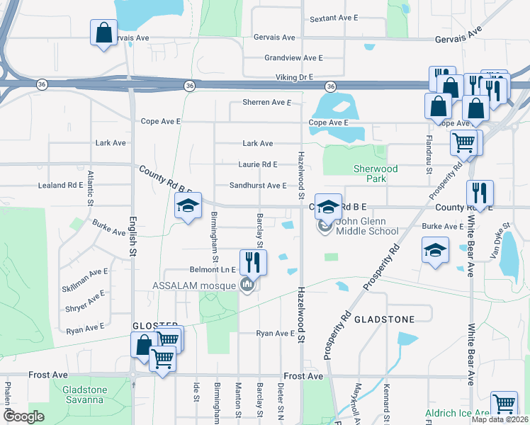 map of restaurants, bars, coffee shops, grocery stores, and more near 1490 County Road B East in Maplewood