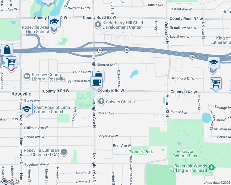 map of restaurants, bars, coffee shops, grocery stores, and more near 1044 County B Road West in Roseville