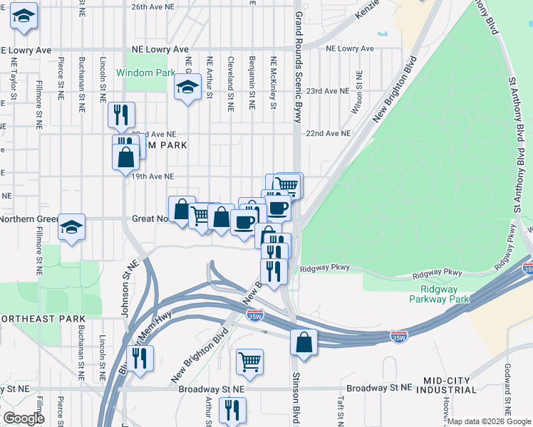 map of restaurants, bars, coffee shops, grocery stores, and more near 1828 Northeast McKinley Street in Minneapolis