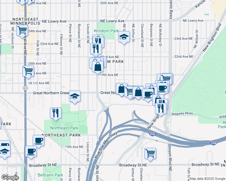 map of restaurants, bars, coffee shops, grocery stores, and more near 1707 18th Avenue Northeast in Minneapolis