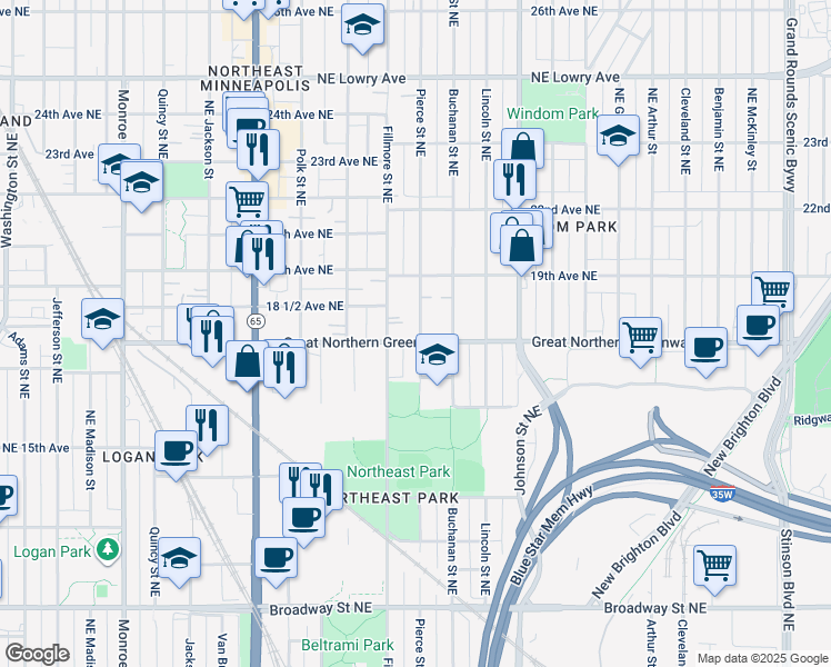 map of restaurants, bars, coffee shops, grocery stores, and more near 1215 18th Avenue Northeast in Minneapolis