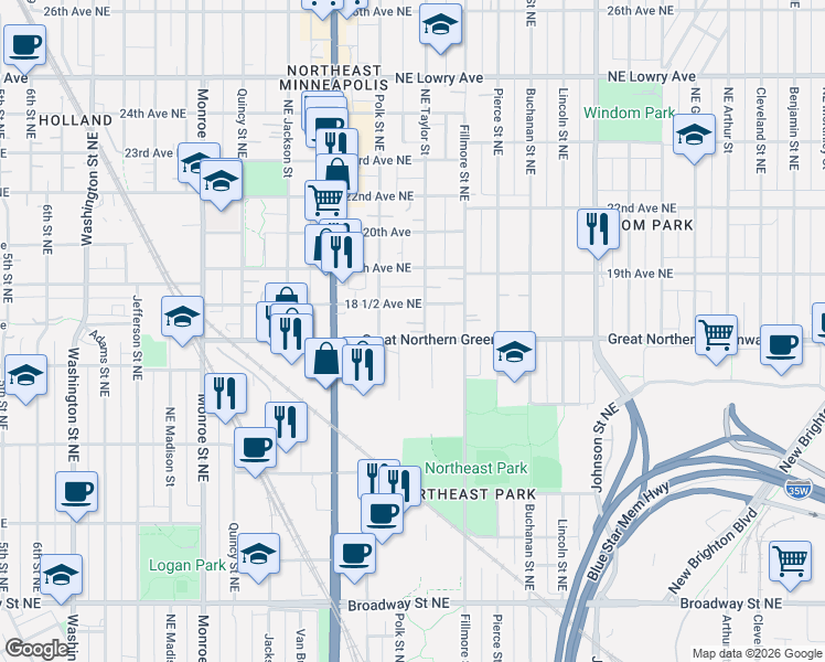 map of restaurants, bars, coffee shops, grocery stores, and more near 1019 18th Avenue Northeast in Minneapolis