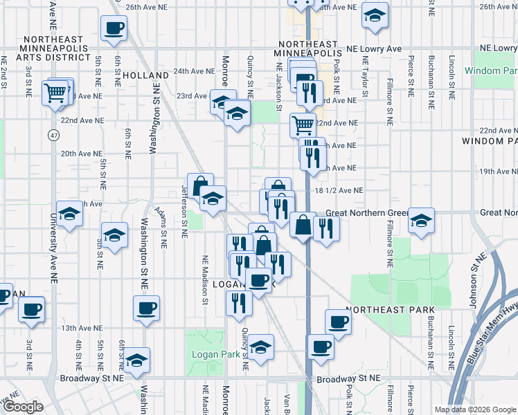 map of restaurants, bars, coffee shops, grocery stores, and more near 1803 Quincy Street Northeast in Minneapolis
