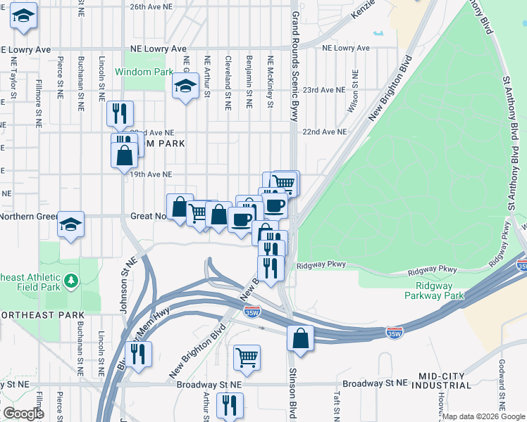 map of restaurants, bars, coffee shops, grocery stores, and more near 1828 Northeast McKinley Street in Minneapolis