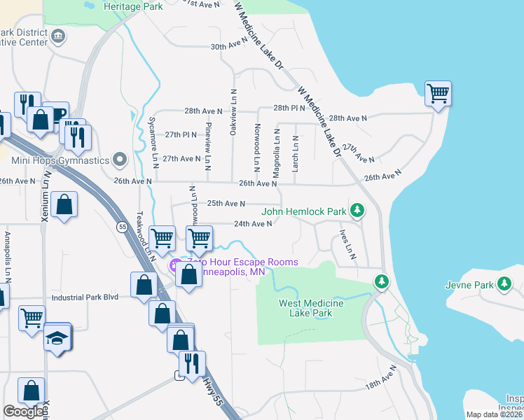 map of restaurants, bars, coffee shops, grocery stores, and more near 12410 24th Avenue North in Minneapolis