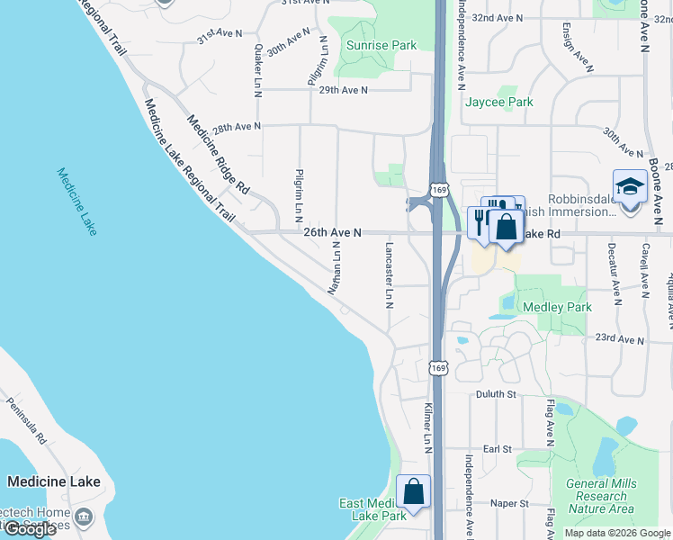 map of restaurants, bars, coffee shops, grocery stores, and more near 2500 Nathan Lane North in Plymouth