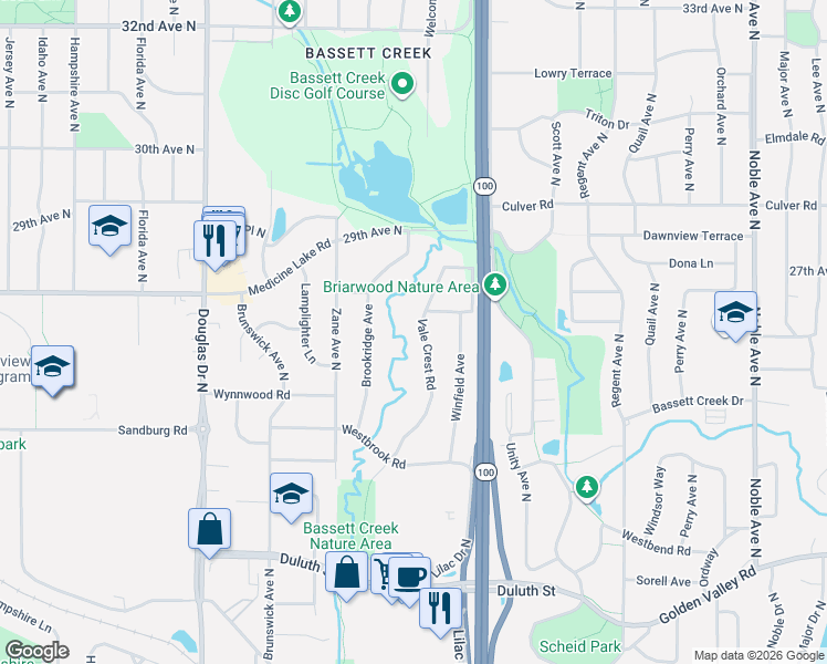 map of restaurants, bars, coffee shops, grocery stores, and more near 2535 Vale Crest Road in Minneapolis