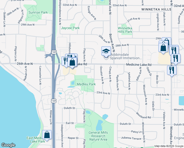 map of restaurants, bars, coffee shops, grocery stores, and more near 9010 Medley Lane in Golden Valley