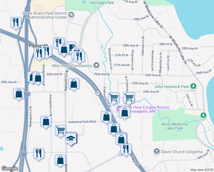 map of restaurants, bars, coffee shops, grocery stores, and more near 2500 Teakwood Lane North in Plymouth