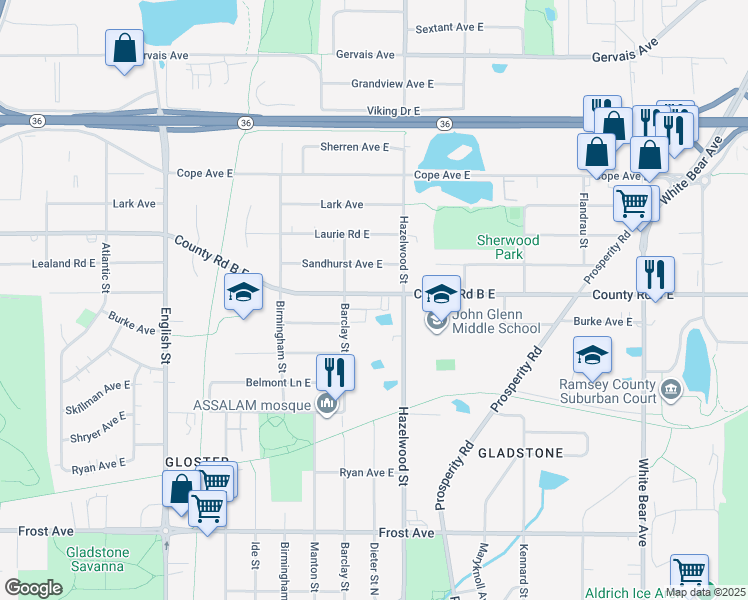 map of restaurants, bars, coffee shops, grocery stores, and more near 1512 County Road B East in Maplewood