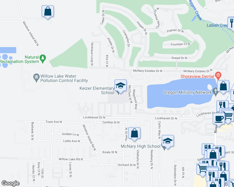 map of restaurants, bars, coffee shops, grocery stores, and more near 5600 McClure Street North in Salem