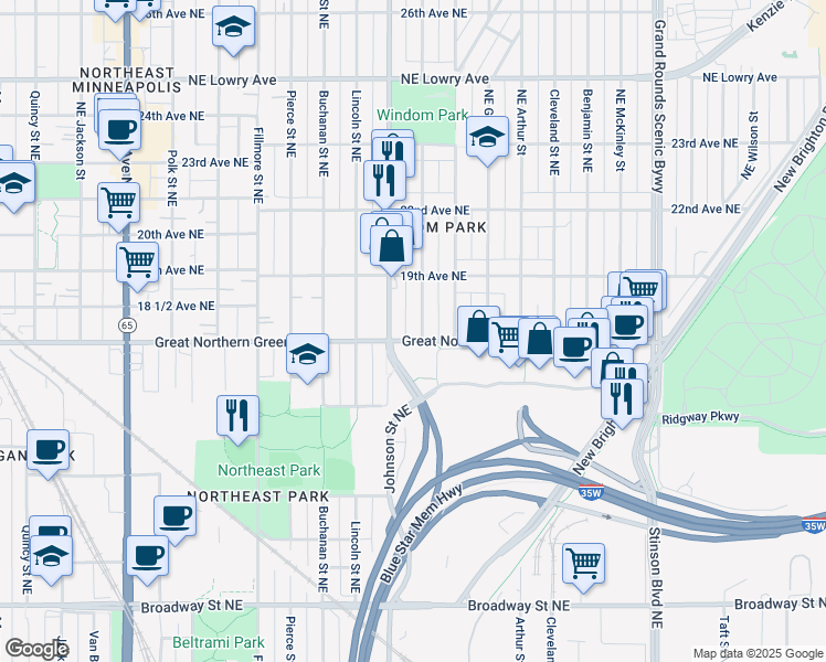 map of restaurants, bars, coffee shops, grocery stores, and more near 1804 Ulysses Street Northeast in Minneapolis