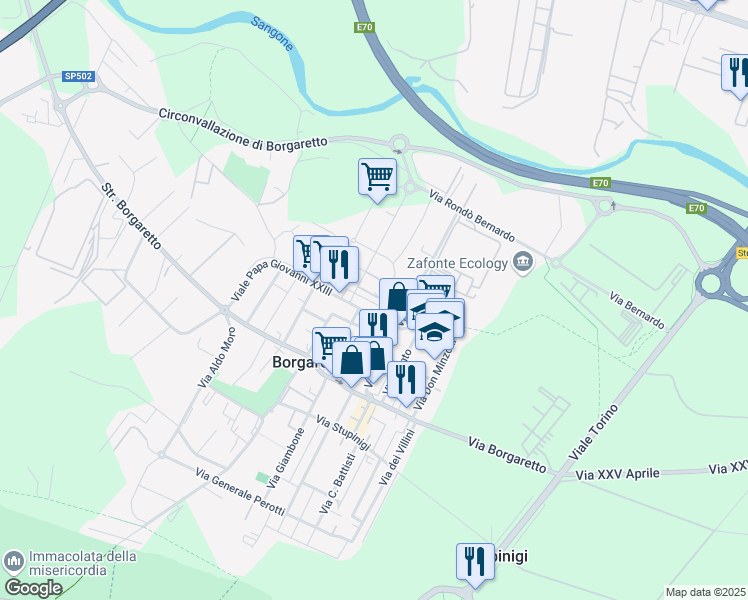 map of restaurants, bars, coffee shops, grocery stores, and more near 34 Via Gorizia in Borgaretto