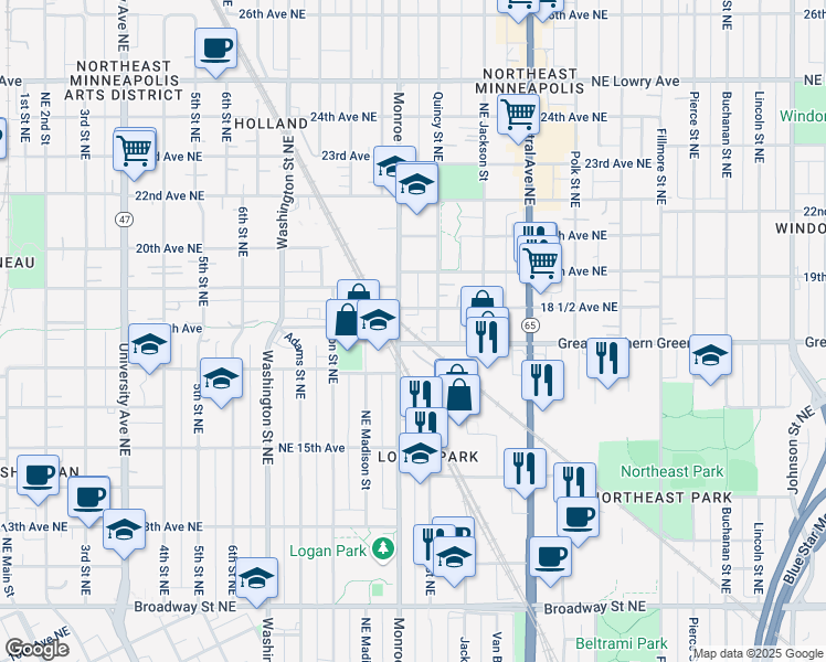 map of restaurants, bars, coffee shops, grocery stores, and more near 1801 Monroe Street Northeast in Minneapolis