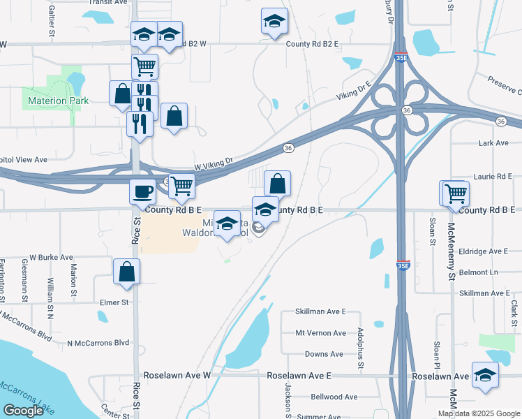 map of restaurants, bars, coffee shops, grocery stores, and more near 30 County Road B East in Saint Paul