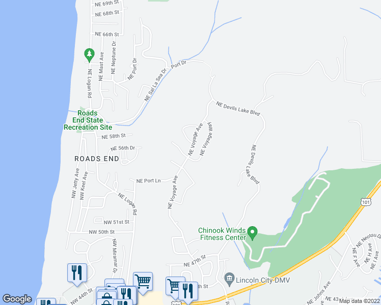 map of restaurants, bars, coffee shops, grocery stores, and more near 5699 Northeast Voyage Avenue in Lincoln City
