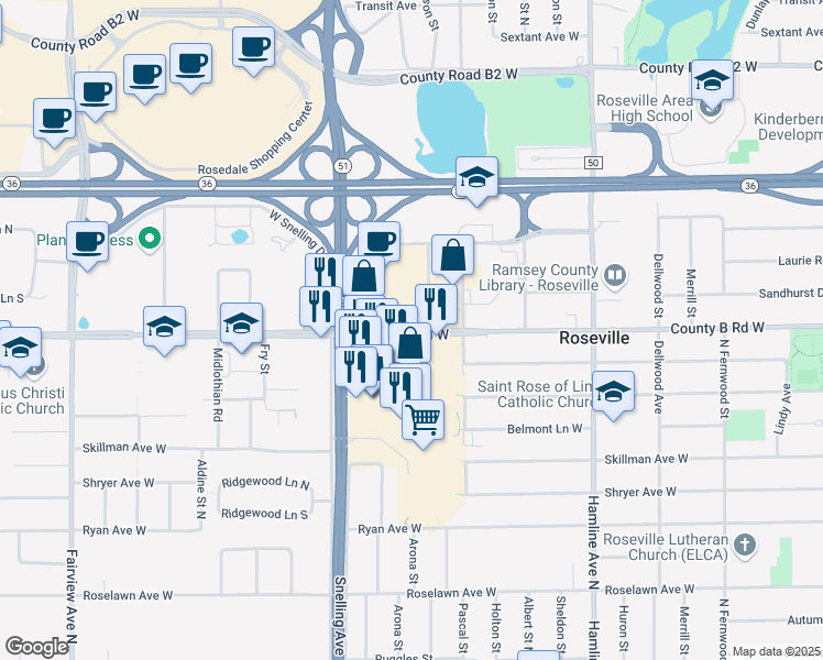 map of restaurants, bars, coffee shops, grocery stores, and more near 2100 East Snelling Drive in Roseville