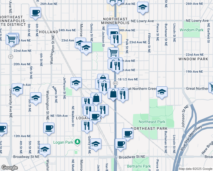 map of restaurants, bars, coffee shops, grocery stores, and more near 1121 Northeast Jackson Street in Minneapolis