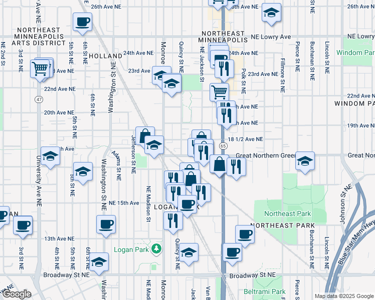 map of restaurants, bars, coffee shops, grocery stores, and more near 1803 Quincy Street Northeast in Minneapolis