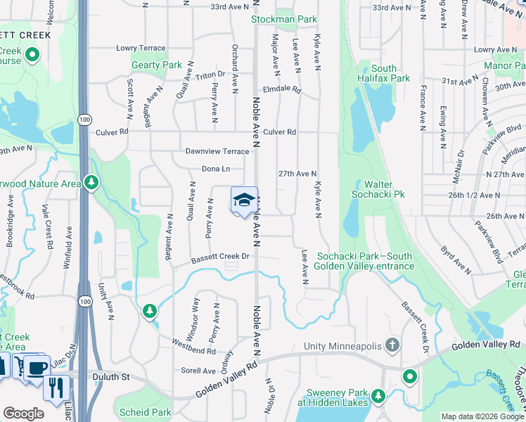 map of restaurants, bars, coffee shops, grocery stores, and more near in Golden Valley
