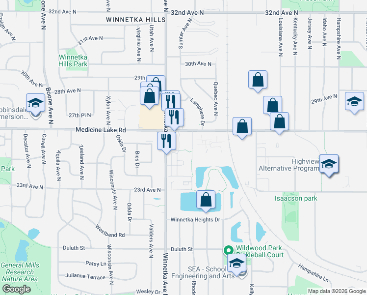 map of restaurants, bars, coffee shops, grocery stores, and more near 2488 Winnetka Avenue North in Minneapolis