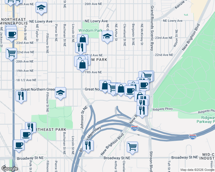 map of restaurants, bars, coffee shops, grocery stores, and more near 1800 Garfield Street Northeast in Minneapolis