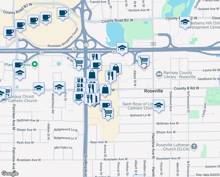 map of restaurants, bars, coffee shops, grocery stores, and more near 2100 North Snelling Drive in Roseville