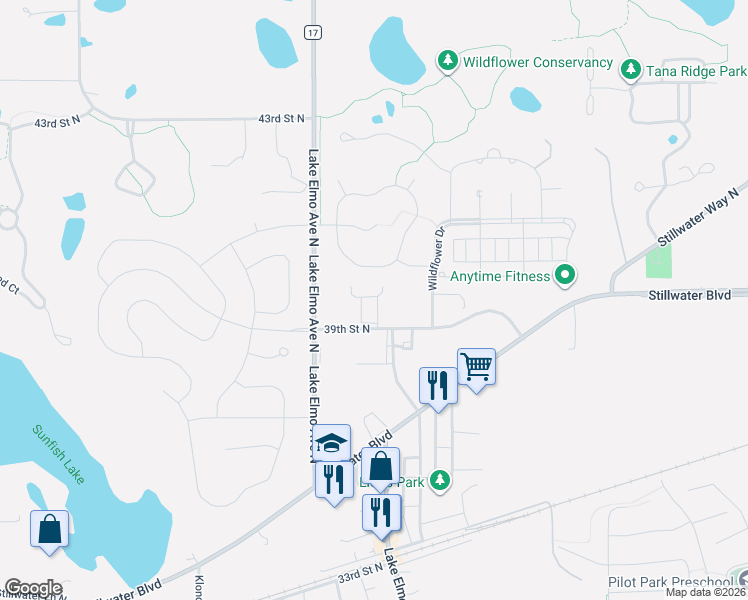 map of restaurants, bars, coffee shops, grocery stores, and more near 11070 39th Street North in Lake Elmo