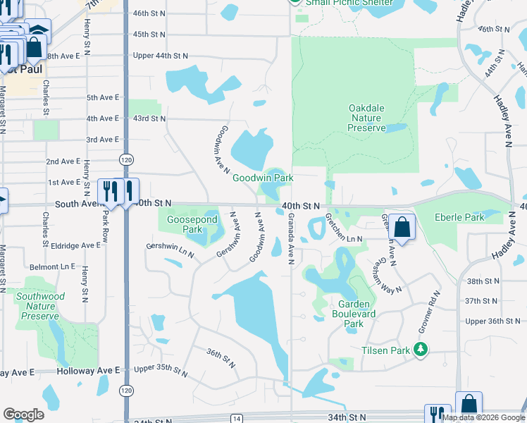 map of restaurants, bars, coffee shops, grocery stores, and more near 3955 Goodwin Avenue North in Oakdale