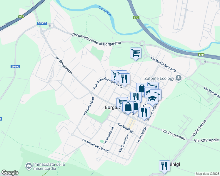 map of restaurants, bars, coffee shops, grocery stores, and more near 10 Via Nino Bixio in Borgaretto