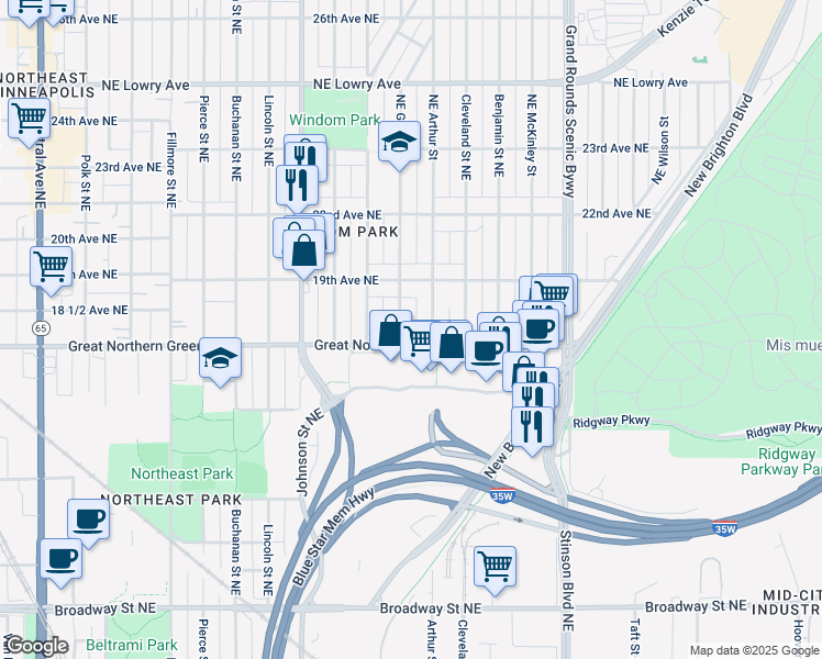 map of restaurants, bars, coffee shops, grocery stores, and more near 1800 Northeast Arthur Street in Minneapolis