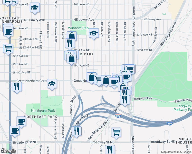 map of restaurants, bars, coffee shops, grocery stores, and more near 1800 Northeast Arthur Street in Minneapolis