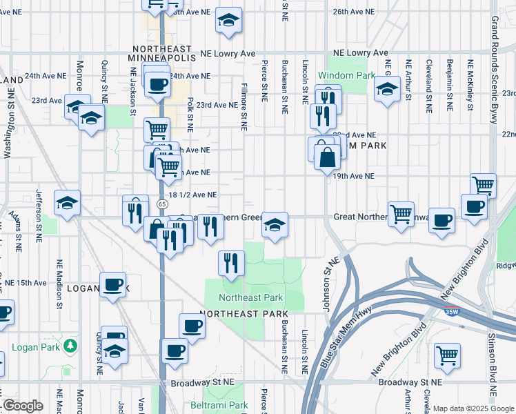 map of restaurants, bars, coffee shops, grocery stores, and more near 1215 18th Avenue Northeast in Minneapolis