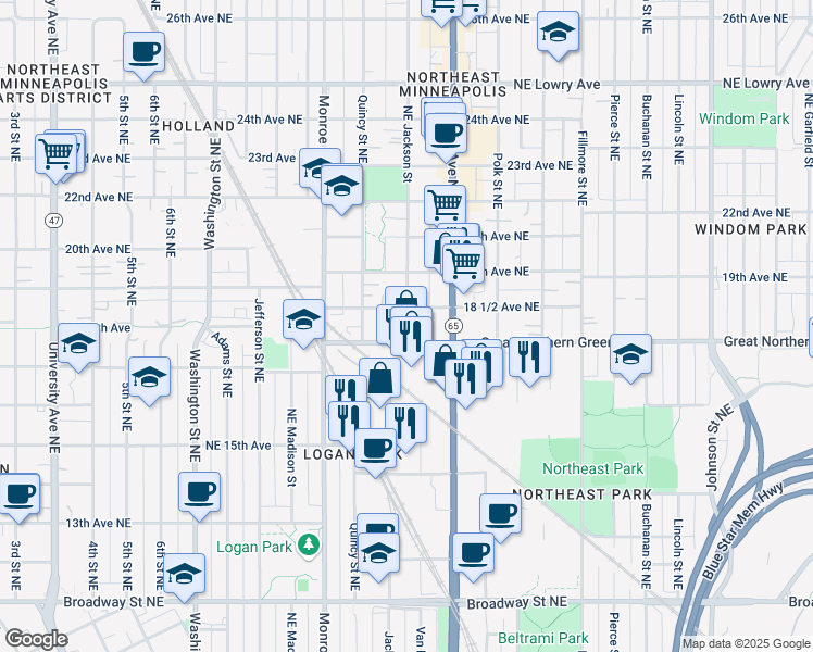 map of restaurants, bars, coffee shops, grocery stores, and more near 1121 Northeast Jackson Street in Minneapolis