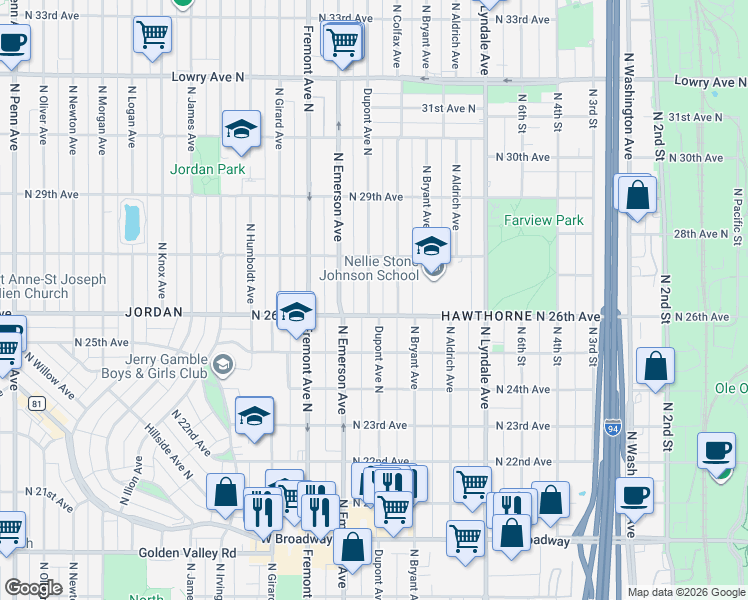 map of restaurants, bars, coffee shops, grocery stores, and more near 1012 North 26th Avenue in Minneapolis