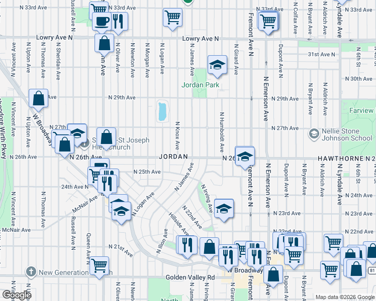 map of restaurants, bars, coffee shops, grocery stores, and more near 1712 North 26th Avenue in Minneapolis