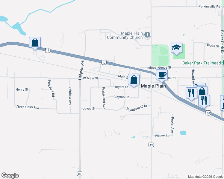 map of restaurants, bars, coffee shops, grocery stores, and more near 5420 Clayton Drive in Maple Plain
