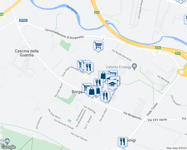 map of restaurants, bars, coffee shops, grocery stores, and more near 7 Viale Giovanni Xxiii Papa in Borgaretto
