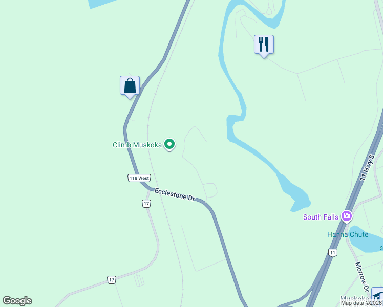 map of restaurants, bars, coffee shops, grocery stores, and more near 17 Kirkhill Drive in Bracebridge