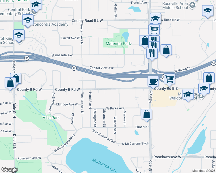 map of restaurants, bars, coffee shops, grocery stores, and more near 296 County B Road West in Roseville