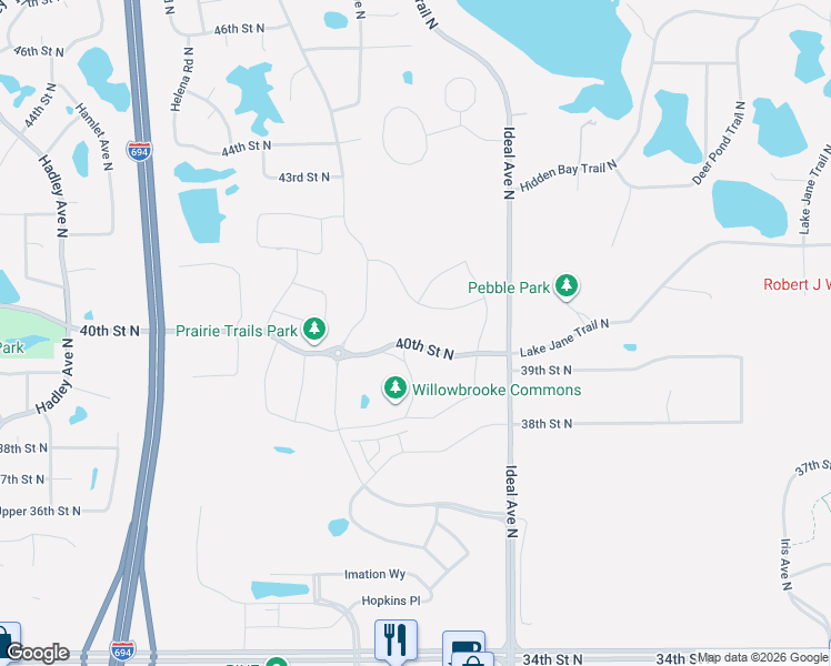 map of restaurants, bars, coffee shops, grocery stores, and more near 7319-7987 40th Street North in Oakdale