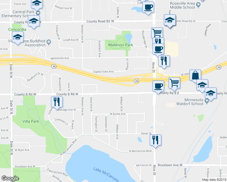 map of restaurants, bars, coffee shops, grocery stores, and more near 2153 William Street North in Roseville