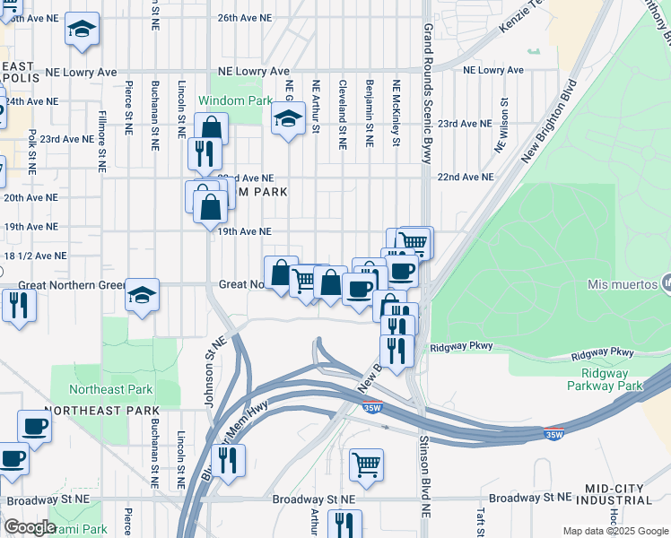 map of restaurants, bars, coffee shops, grocery stores, and more near 1800 Northeast Cleveland Street in Minneapolis