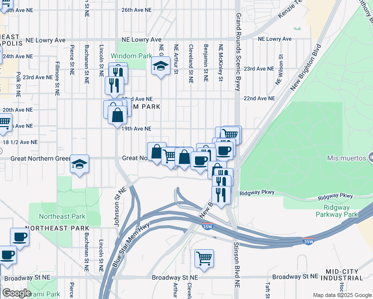 map of restaurants, bars, coffee shops, grocery stores, and more near 1800 Northeast Cleveland Street in Minneapolis