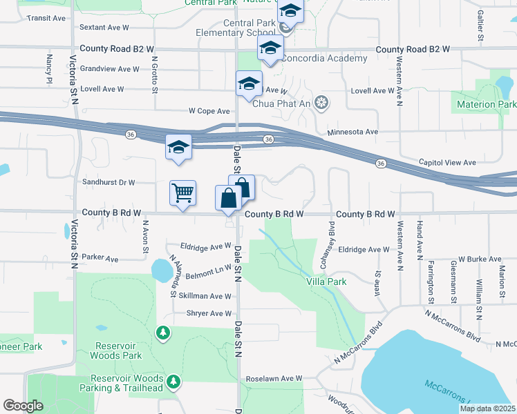 map of restaurants, bars, coffee shops, grocery stores, and more near 591 County B Road West in Roseville