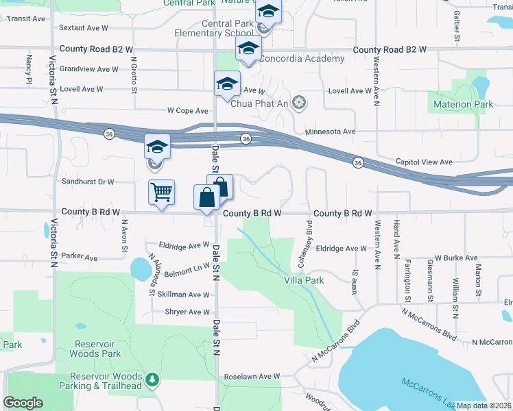 map of restaurants, bars, coffee shops, grocery stores, and more near 563 County B Road West in Roseville