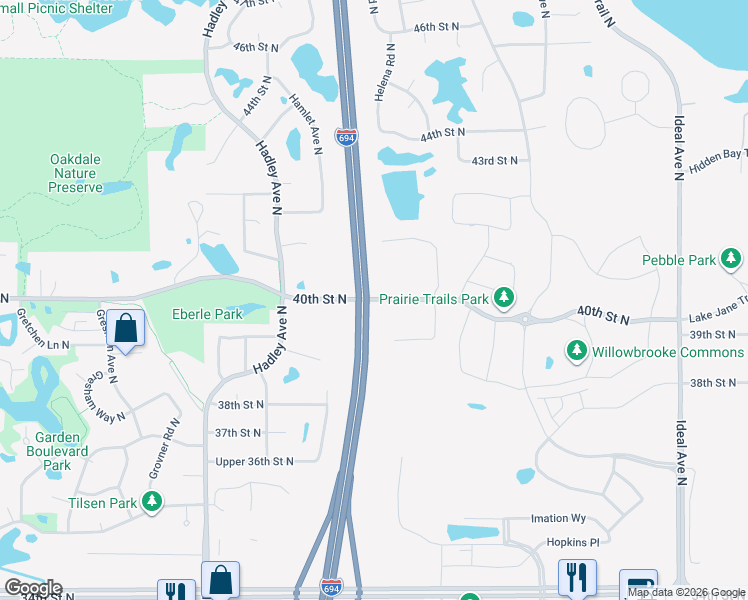 map of restaurants, bars, coffee shops, grocery stores, and more near 7318 40th Street North in Oakdale